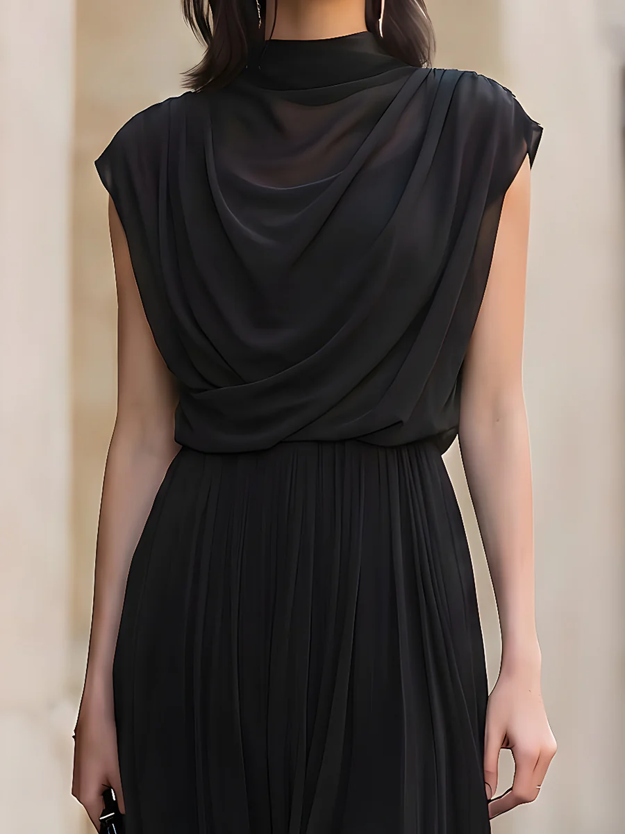 Draped Mock Neck Pleated Maxi Dress