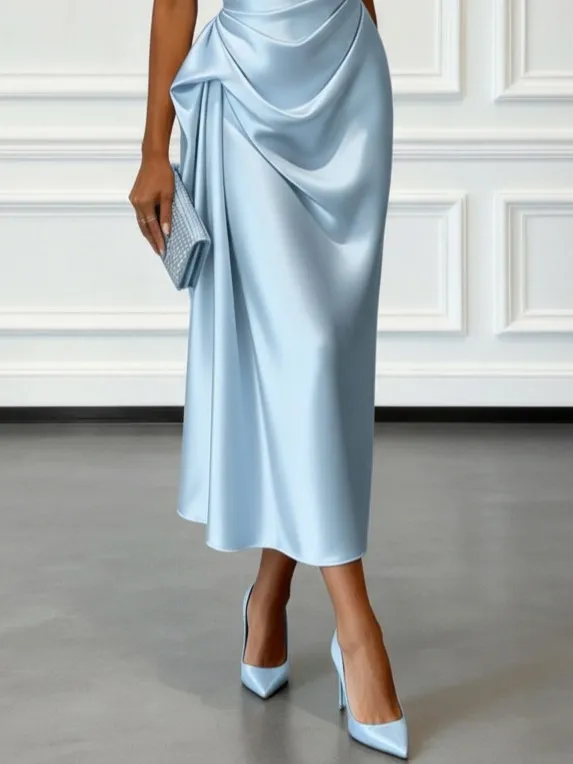 Ruched Satin One Shoulder Sleeveless Sheath Midi Dress