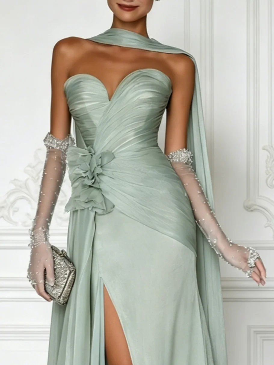 Green Sweetheart Draped Flower High Slit Maxi Dress