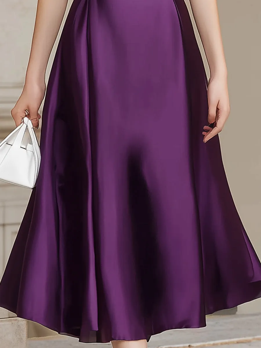 Folded Off-Shoulder Satin A-Line Midi Dress