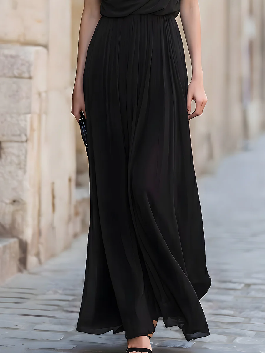Draped Mock Neck Pleated Maxi Dress