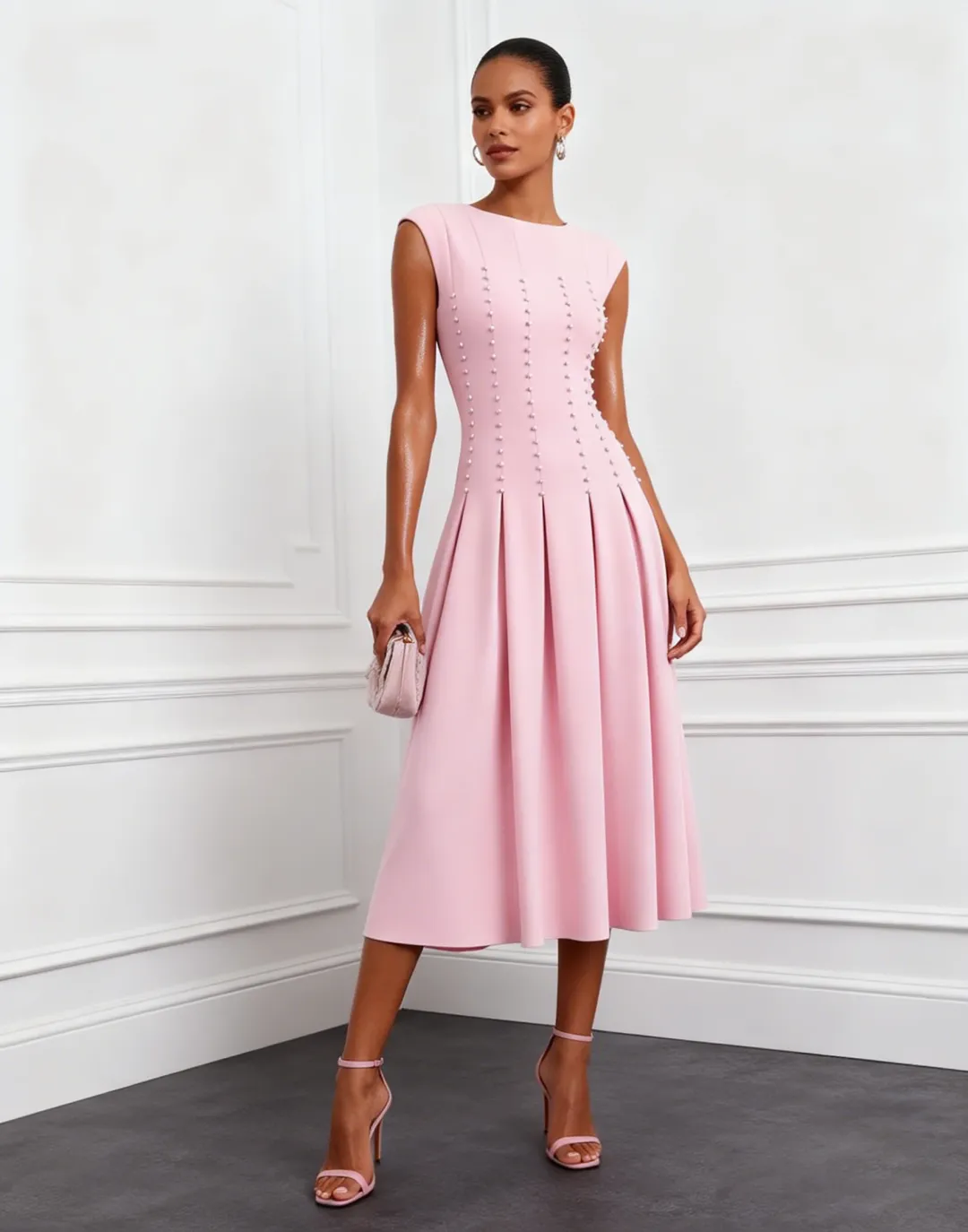Faux Pearl Crew Neck Cap Sleeve A-Line Midi Dress