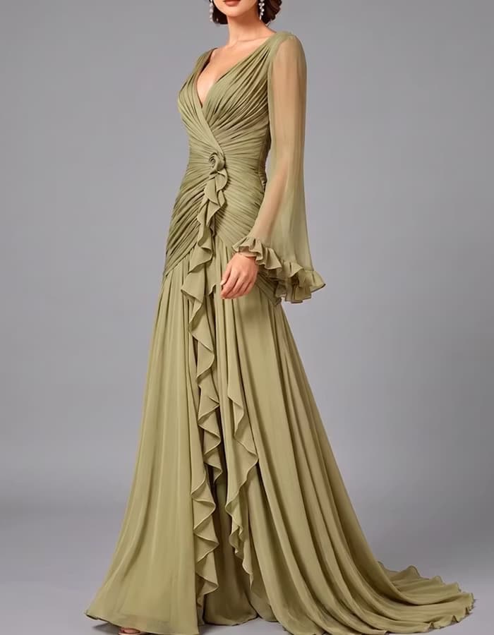 Olive Green V-Neck Sheer Long Sleeve Ruffled Chiffon Dress