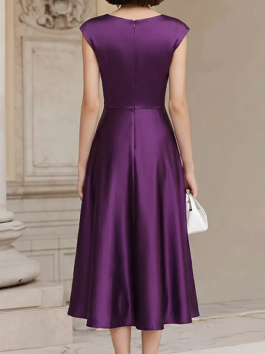 Folded Off-Shoulder Satin A-Line Midi Dress