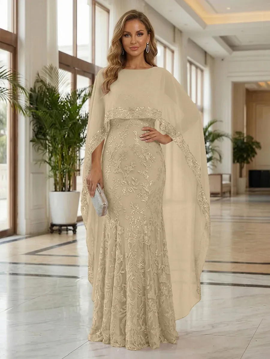 Sheath Chiffon Cape Sleeves Sequin Embellished Lace Maxi Dress