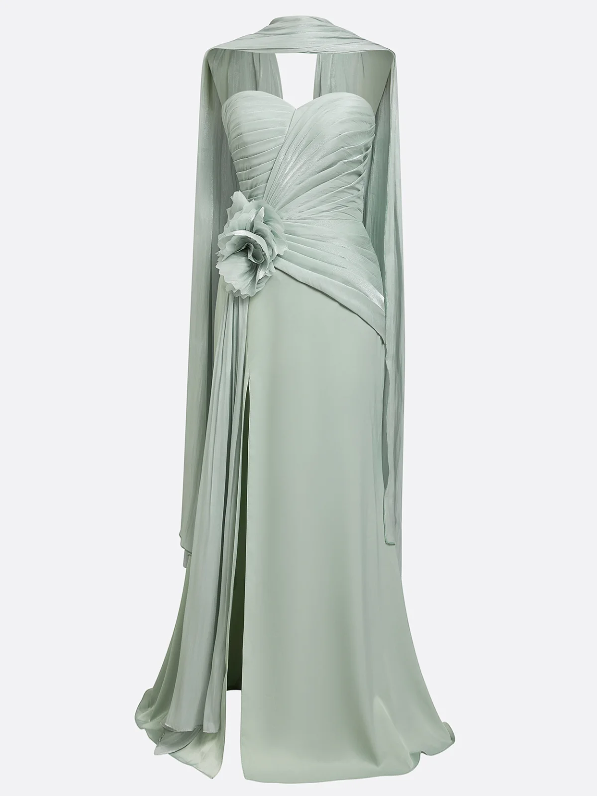 Green Sweetheart Draped Flower High Slit Maxi Dress