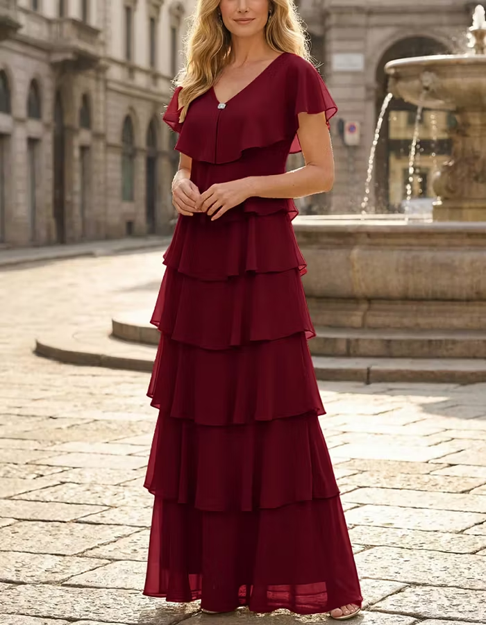 Tiered Cake Ruffle Flutter Sleeve Chiffon Maxi Dress