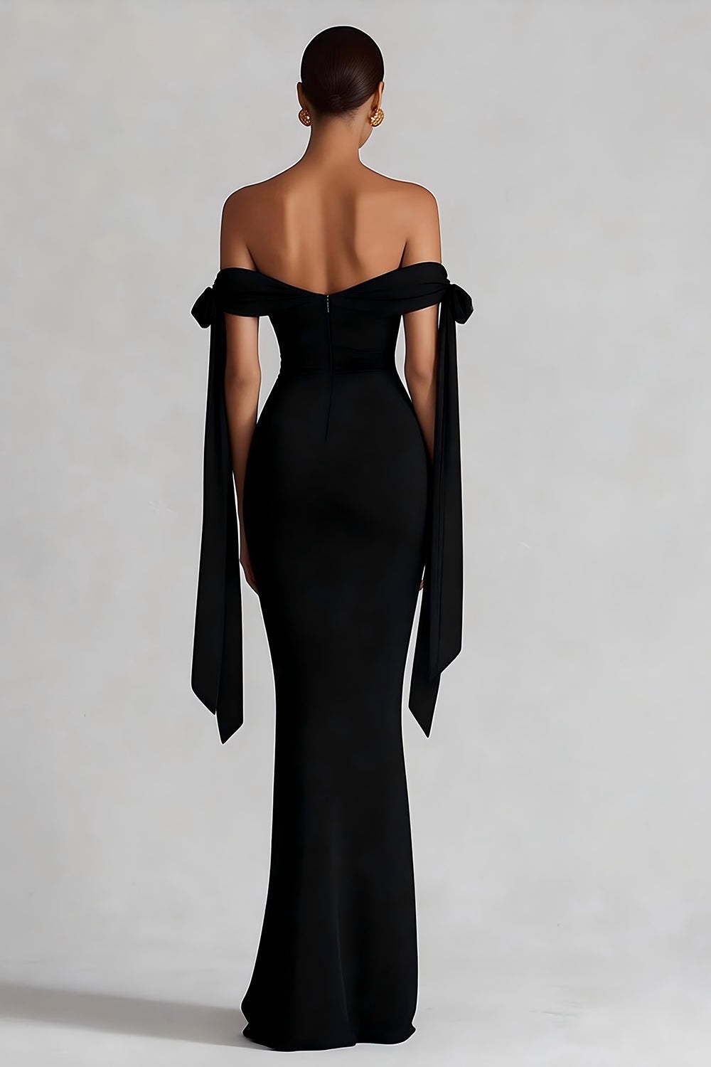 Simple Black Off the Shoulder Maxi Evening Dress with Ribbon
