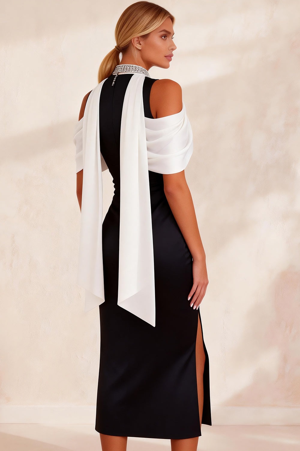 Black and White High Neck Cold Shoulder Sheath Midi Work Dress with Slit