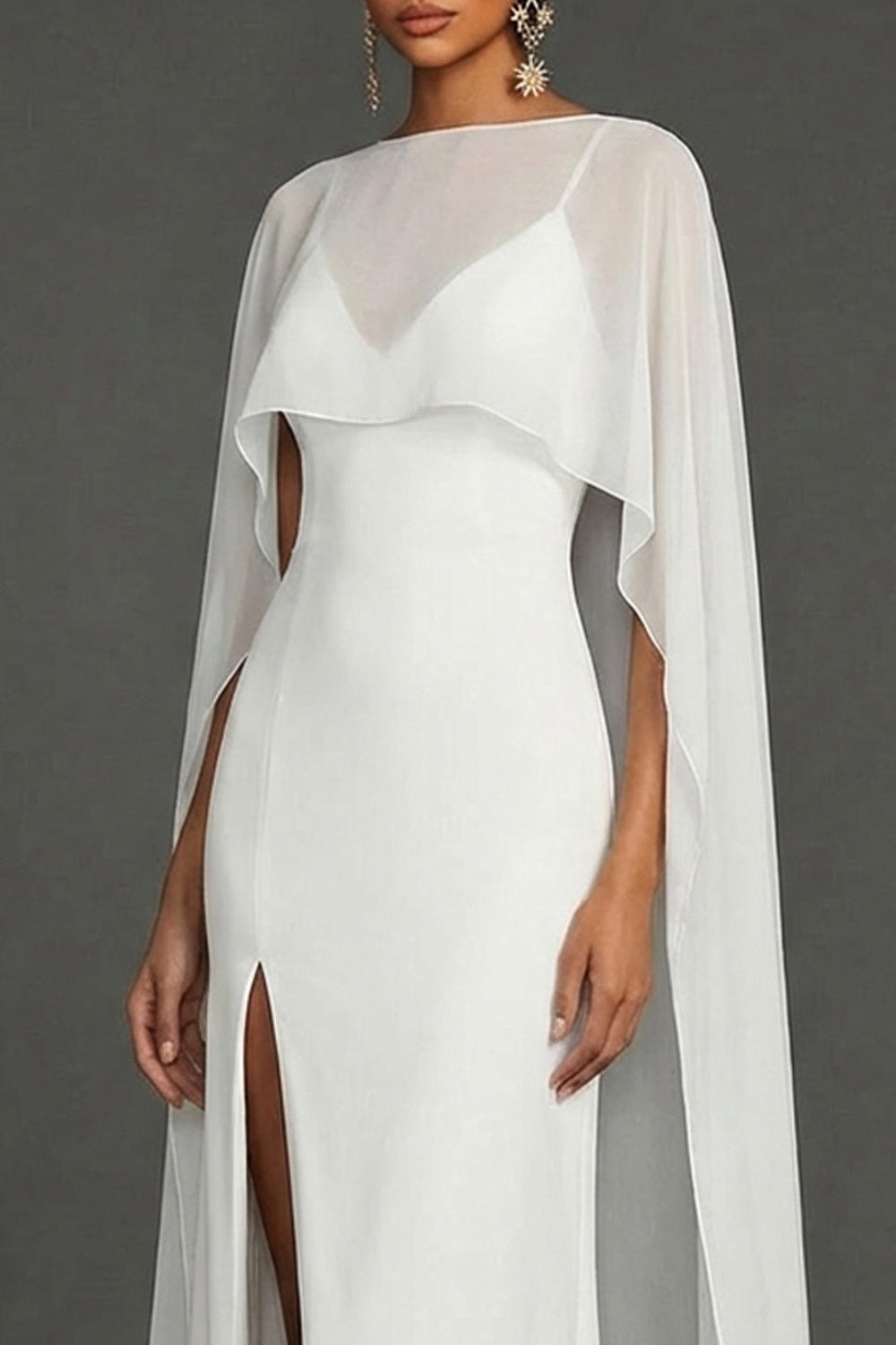 White Mermaid Spaghetti Straps Long Wedding Reception Dress with Slit