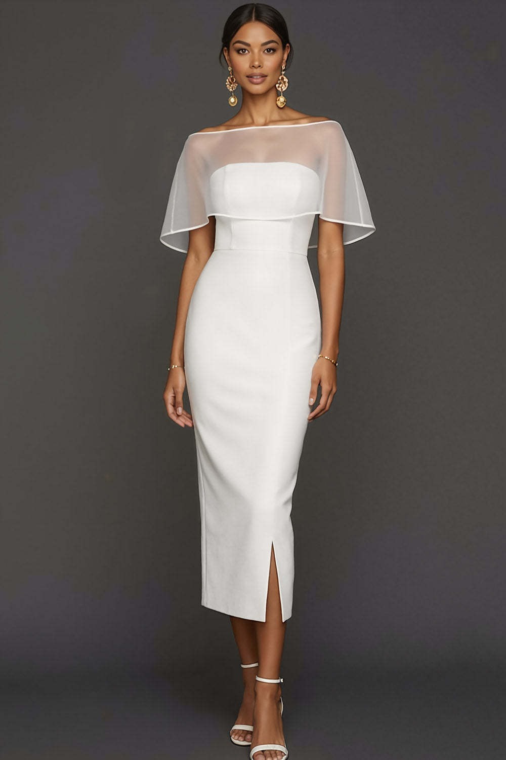 Champagne Satin Sheath Long Wedding Guest Dress with Cape