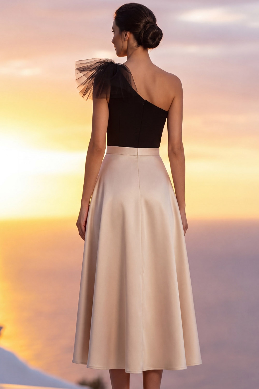 Champagne Formal Evening Dress One Shoulder Satin Midi Dress with Bow