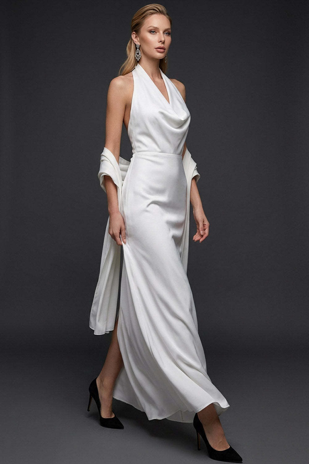 White Mermaid Satin Halter Long White Reception Dress