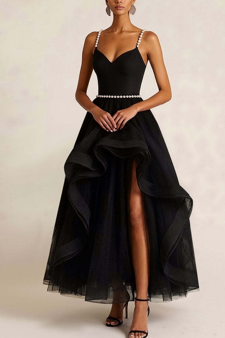 Black Tulle Ruffled A Line Long Formal Dress with Slit