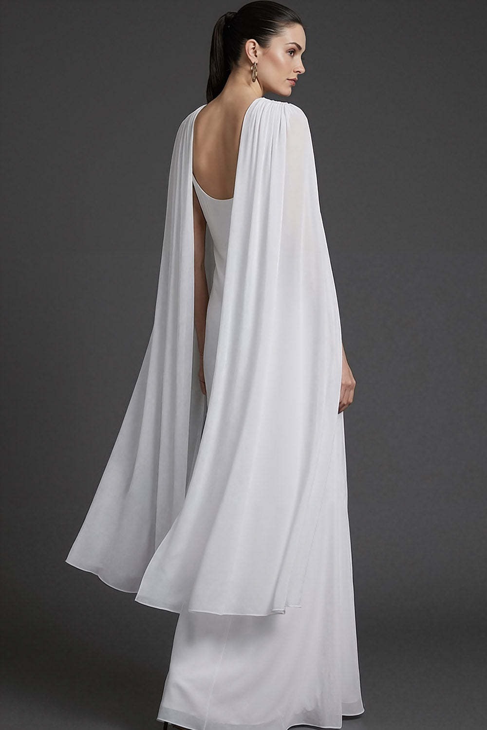 White Round Neck Mermaid Long Formal Dress with Cape