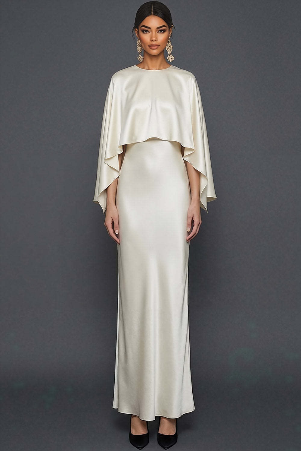 White Mermaid Satin Long White Wedding Reception Dress with Cape
