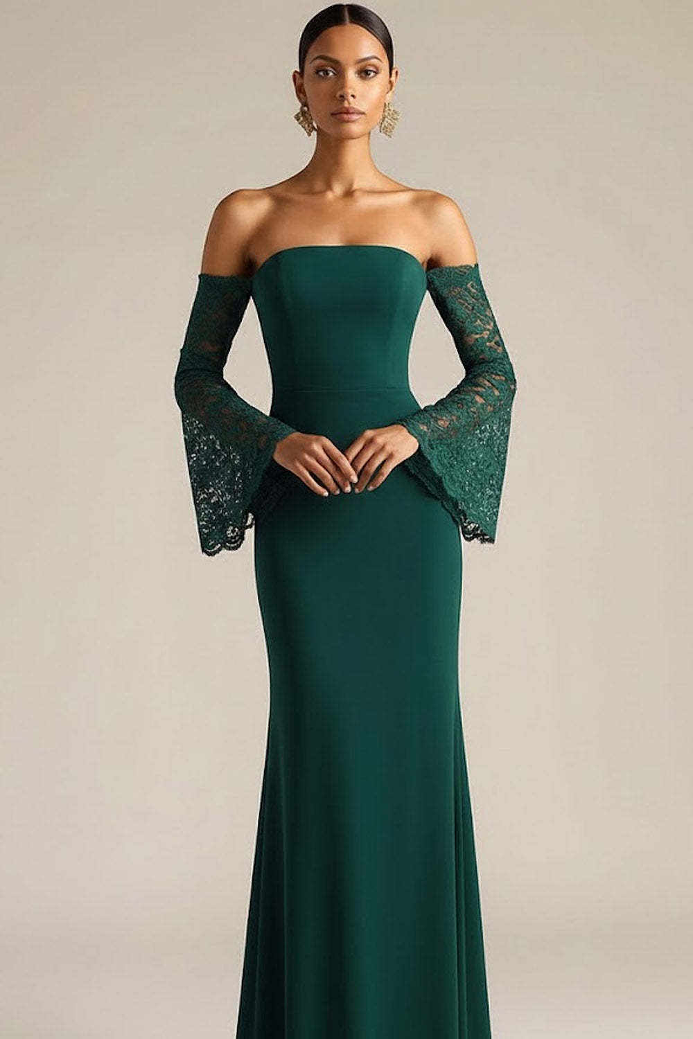 Dark Green Mermaid Maxi Wedding Guest Dress with Flutter Sleeves