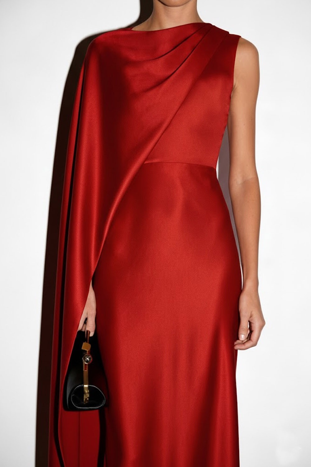 Red Evening Formal Dress One Shoulder Satin Maxi Dress with Cape