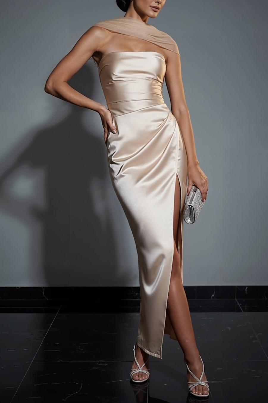 Ivory Formal Evening Dress Strapless Slit Satin Maxi Dress with Scarf