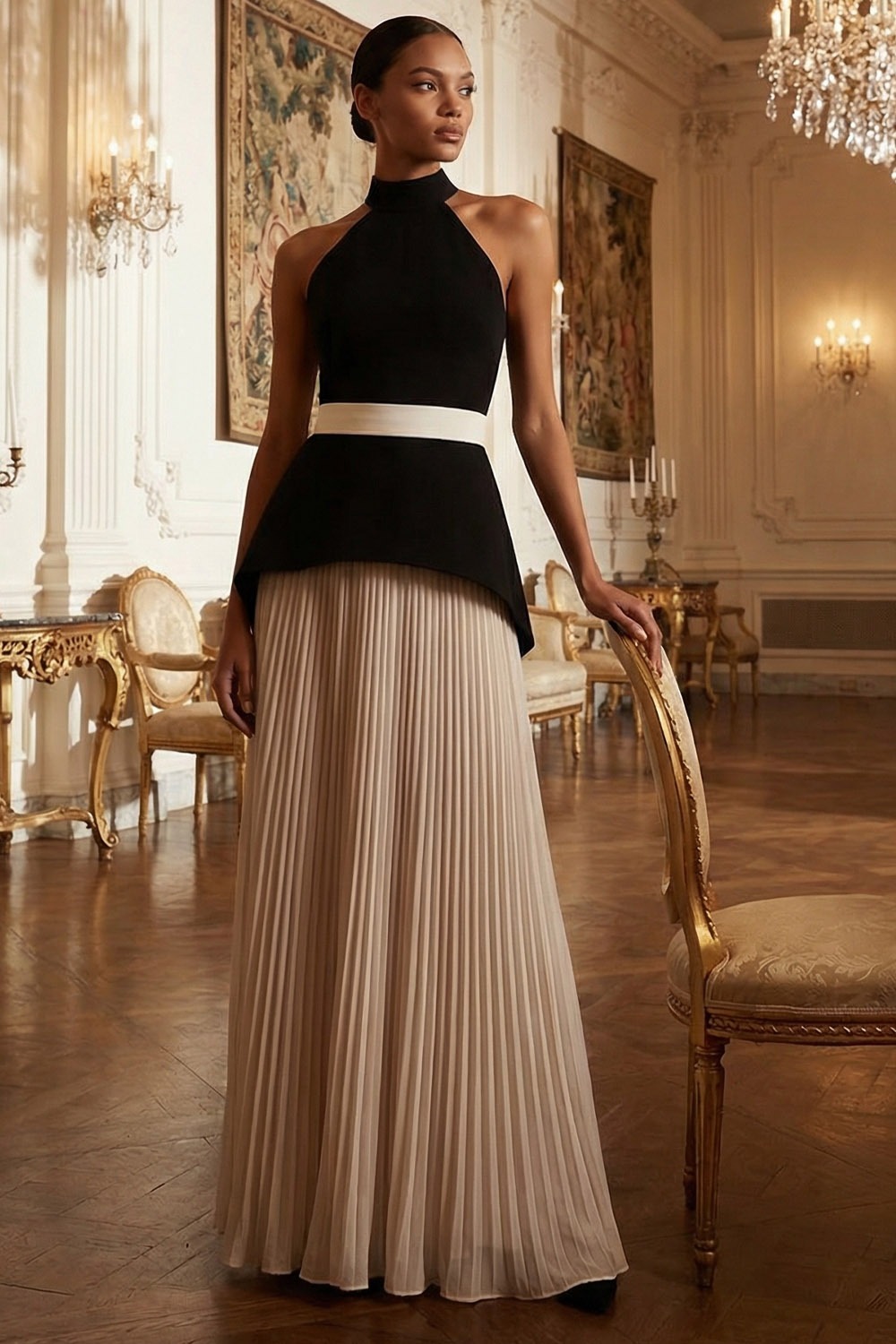 Black Formal Evening Dress A-Line Halter Pleated Belted Maxi Dress