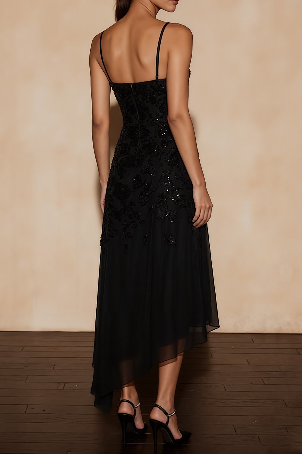 Black Formal Party Dress Spaghetti Straps Chiffon Asymmetrical Dress with Sequin