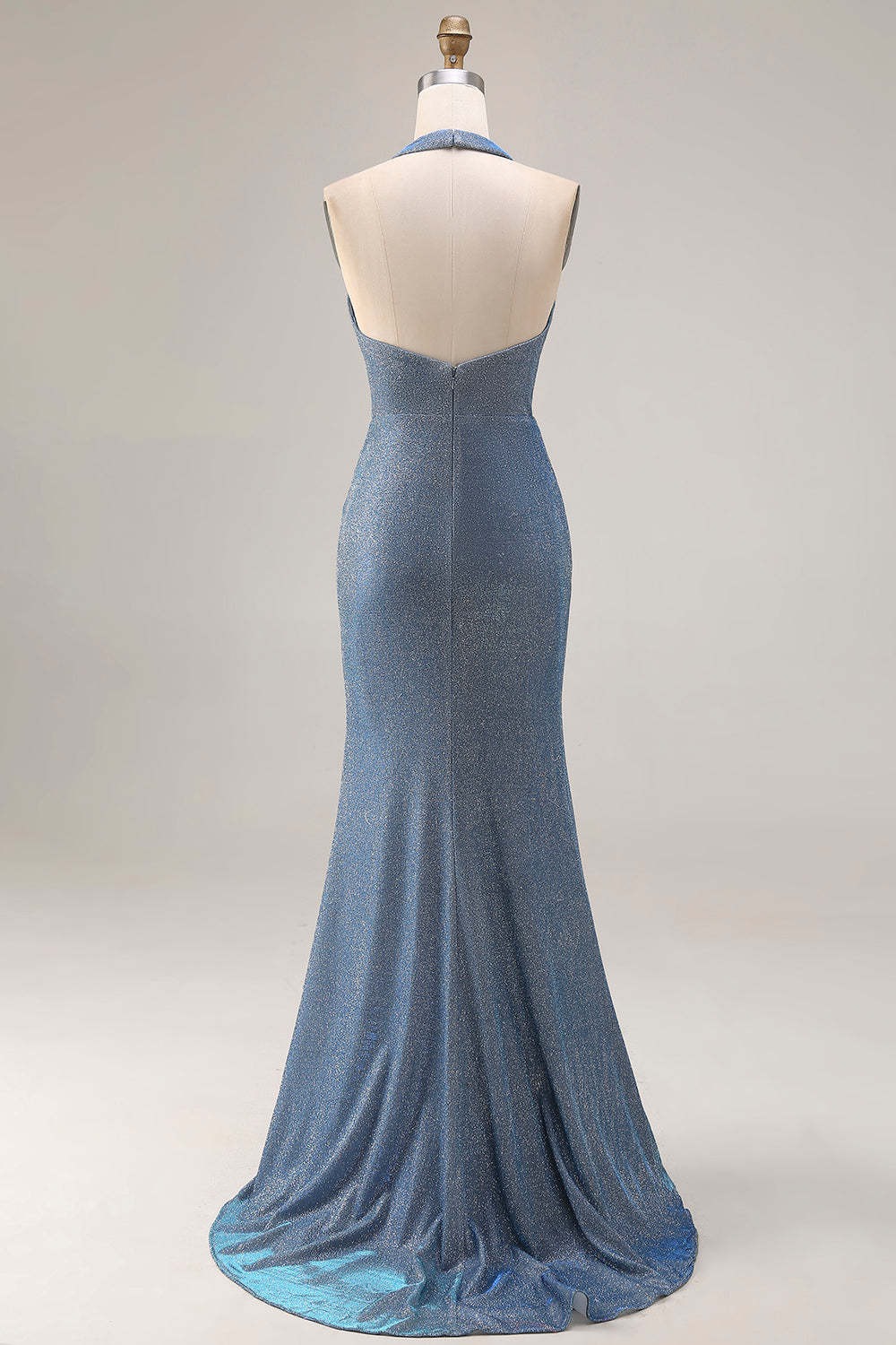 Dusty Blue Mermaid Halter Neck Ruched Maxi Prom Dress with Slit
