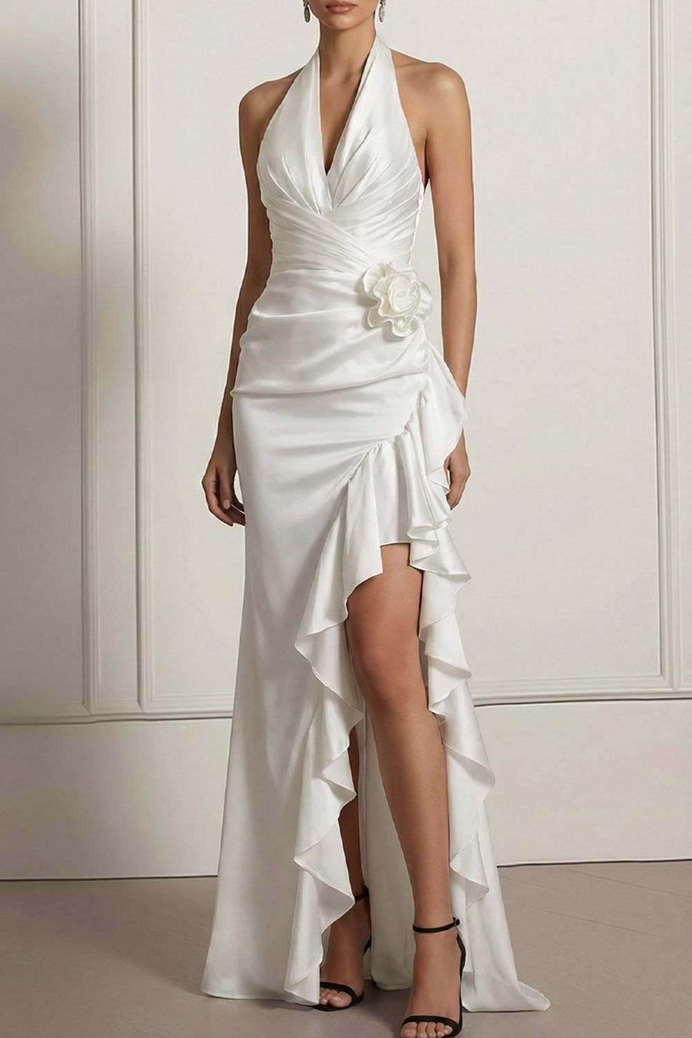 White Evening Formal Dress Halter Satin Maxi Dress with Ruffle