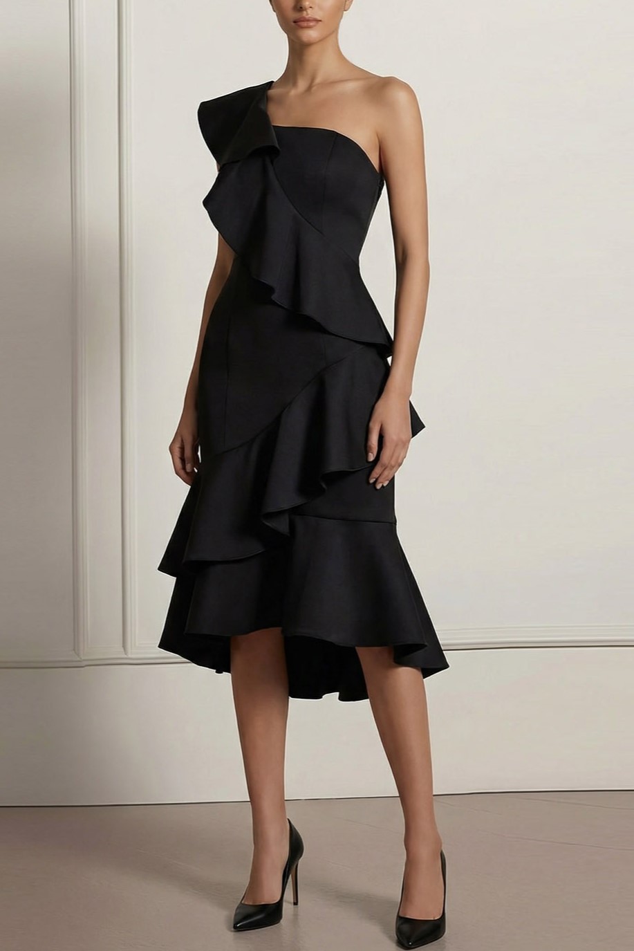 Black Formal Evening Dress One Shoulder Tiered Chiffon Midi Dress
