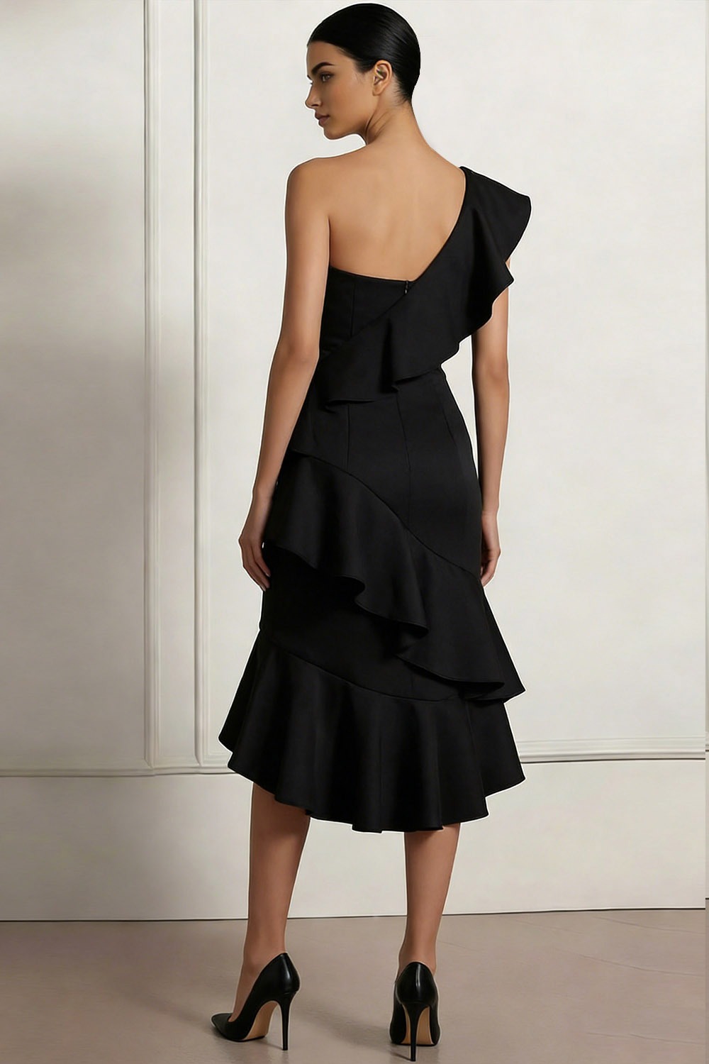 Black Formal Evening Dress One Shoulder Tiered Chiffon Midi Dress