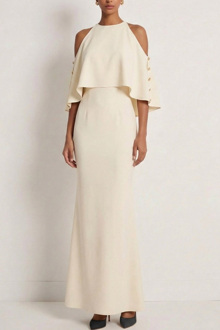 White Formal Dress Sheath One Shoulder Chiffon Maxi Dress with Cape
