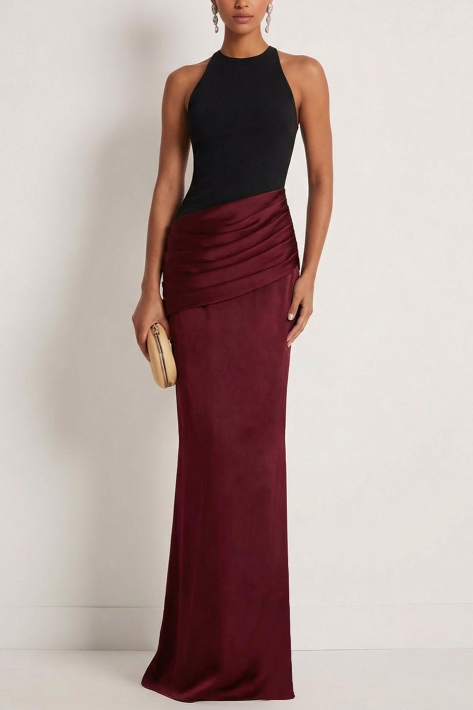 Burgundy Formal Evening Dress Round Neck Sleeveless Ruched Maxi Dress