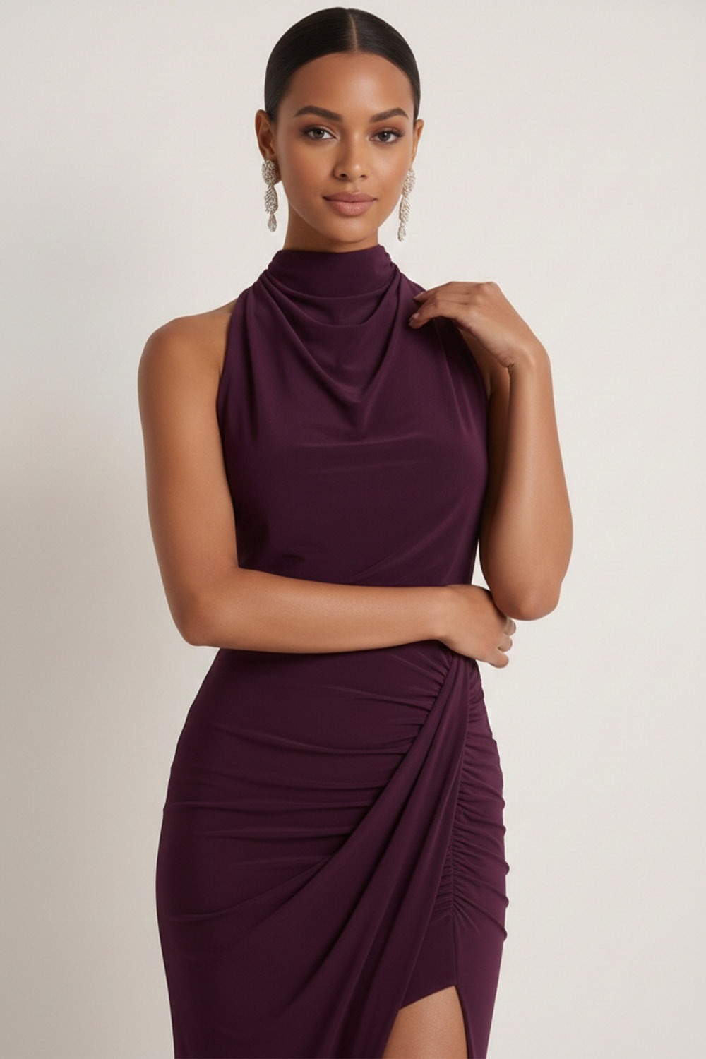 Dark Purple Formal Evening Dress Halter Chiffon Maxi Dress with Slit