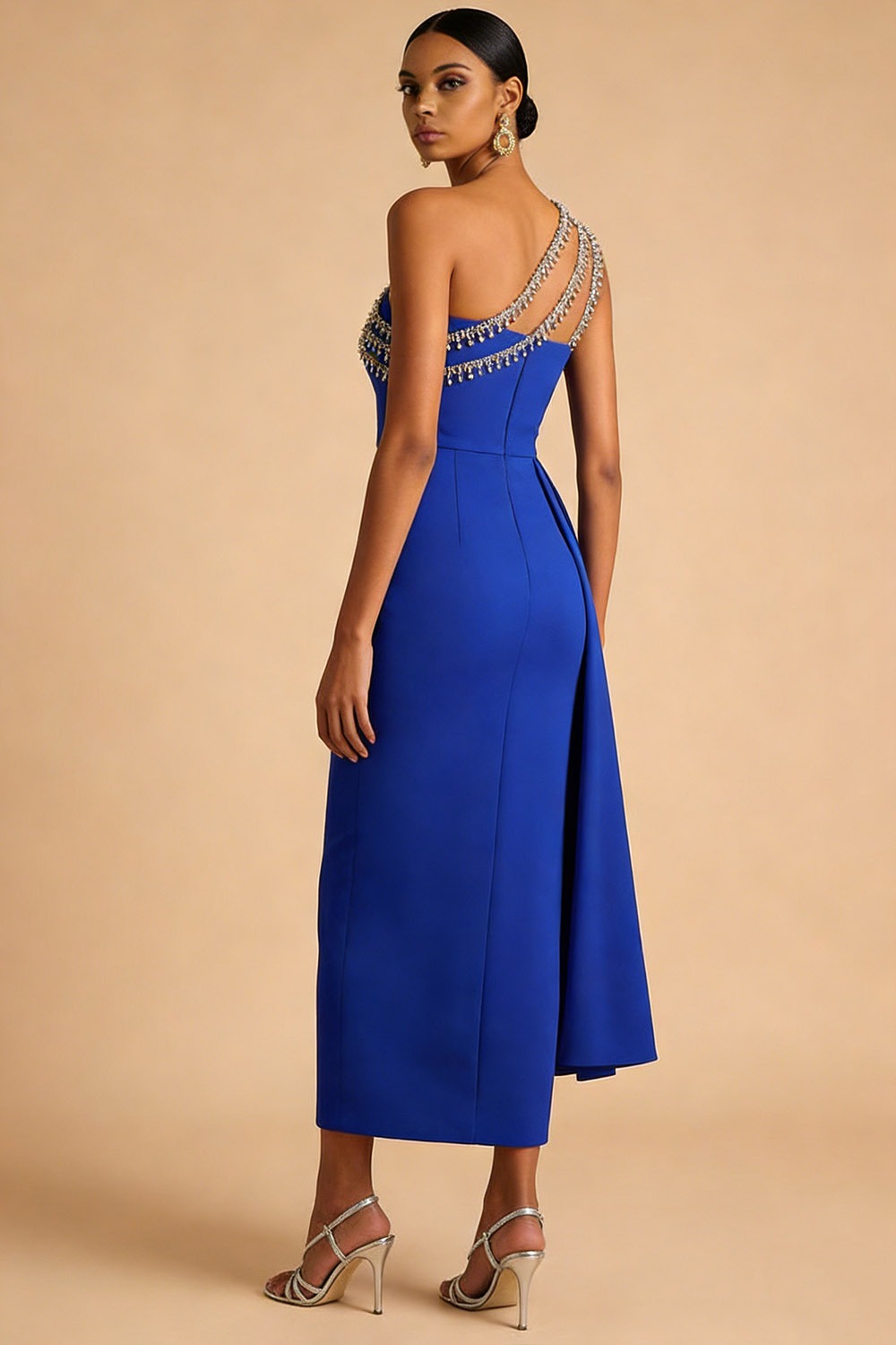 Royal Blue Formal Evening Dress Sheath One Shoulder Cape Maxi Dress