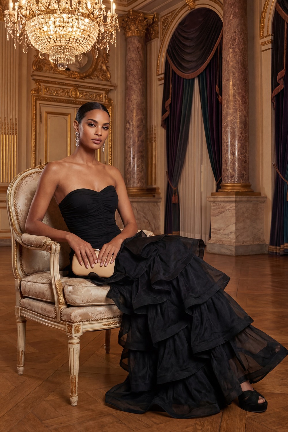 Black Formal Evening Dress A-Line Sweetheart Tiered Maxi Dress