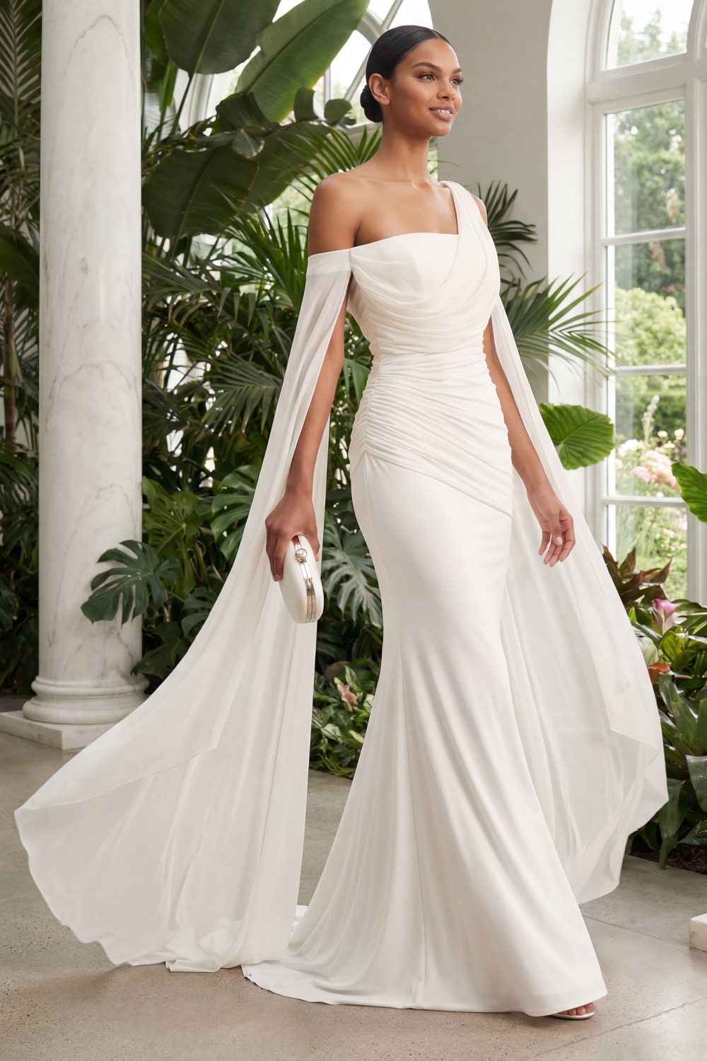 White Formal Dress Mermaid One Shoulder Chiffon Maxi Dress with Cape