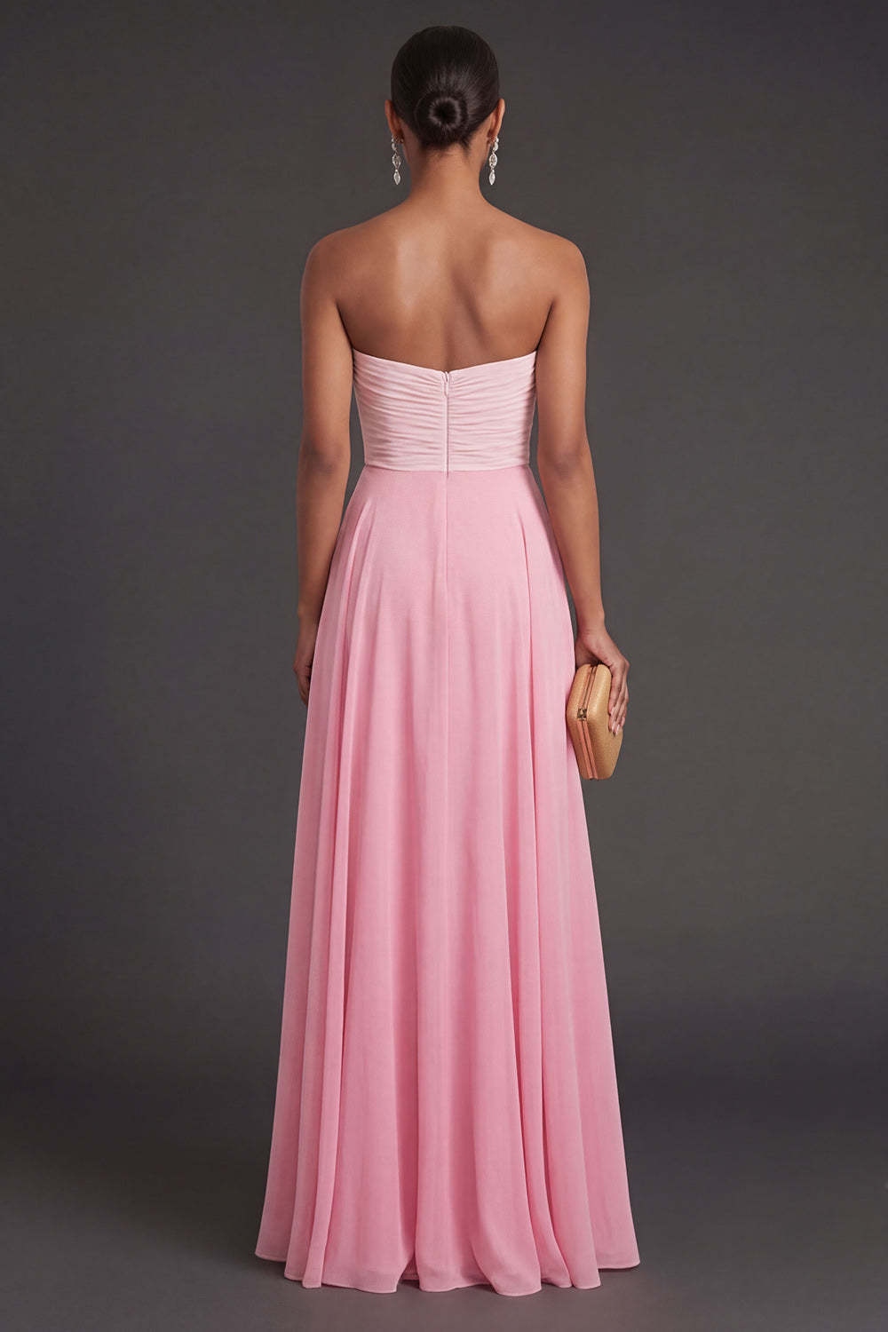 A Line Pink Strapless Ruched Long Formal Dress