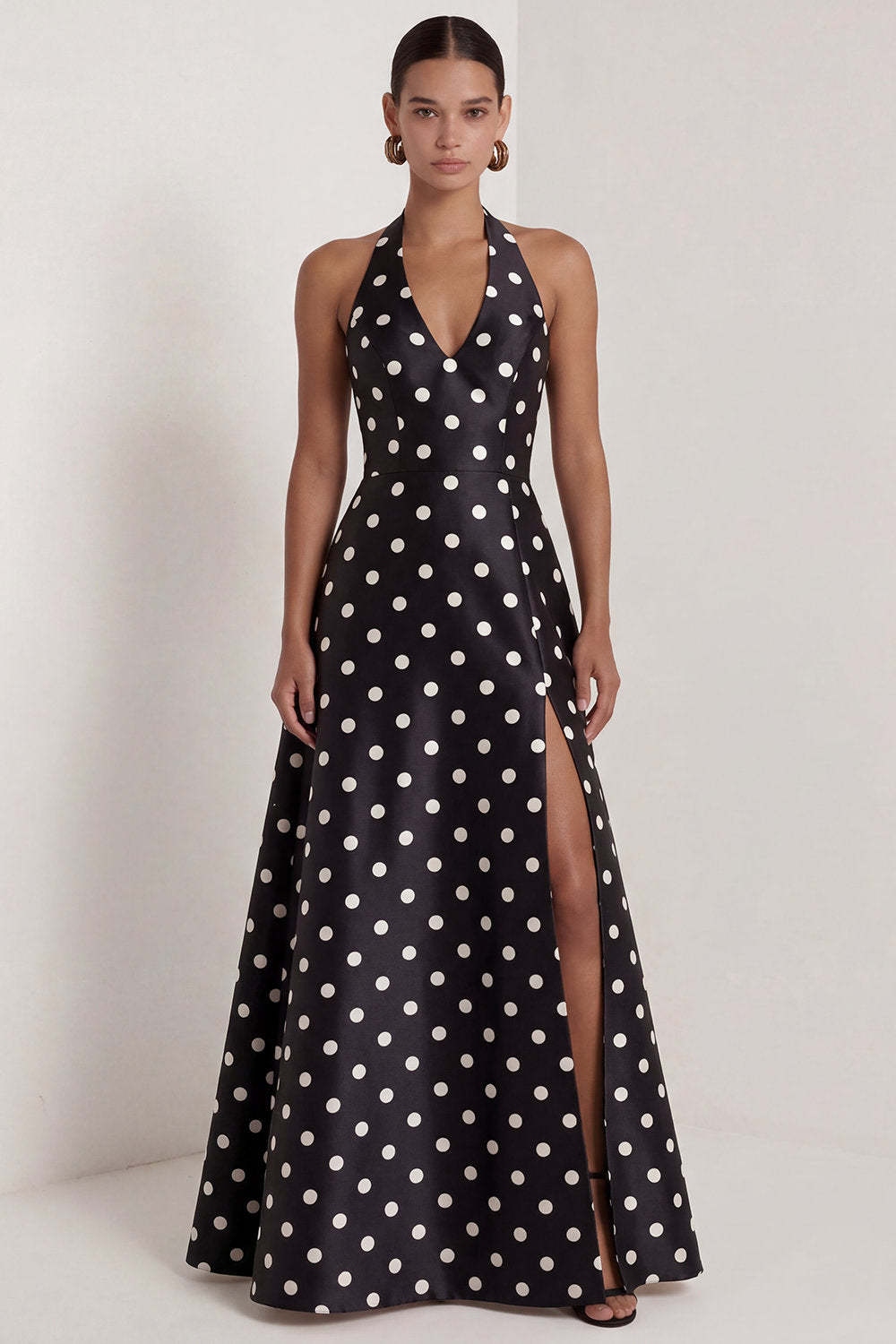Black White Dots Halter Neck A Line Sleeveless Long Wedding Guest Dress with Slit