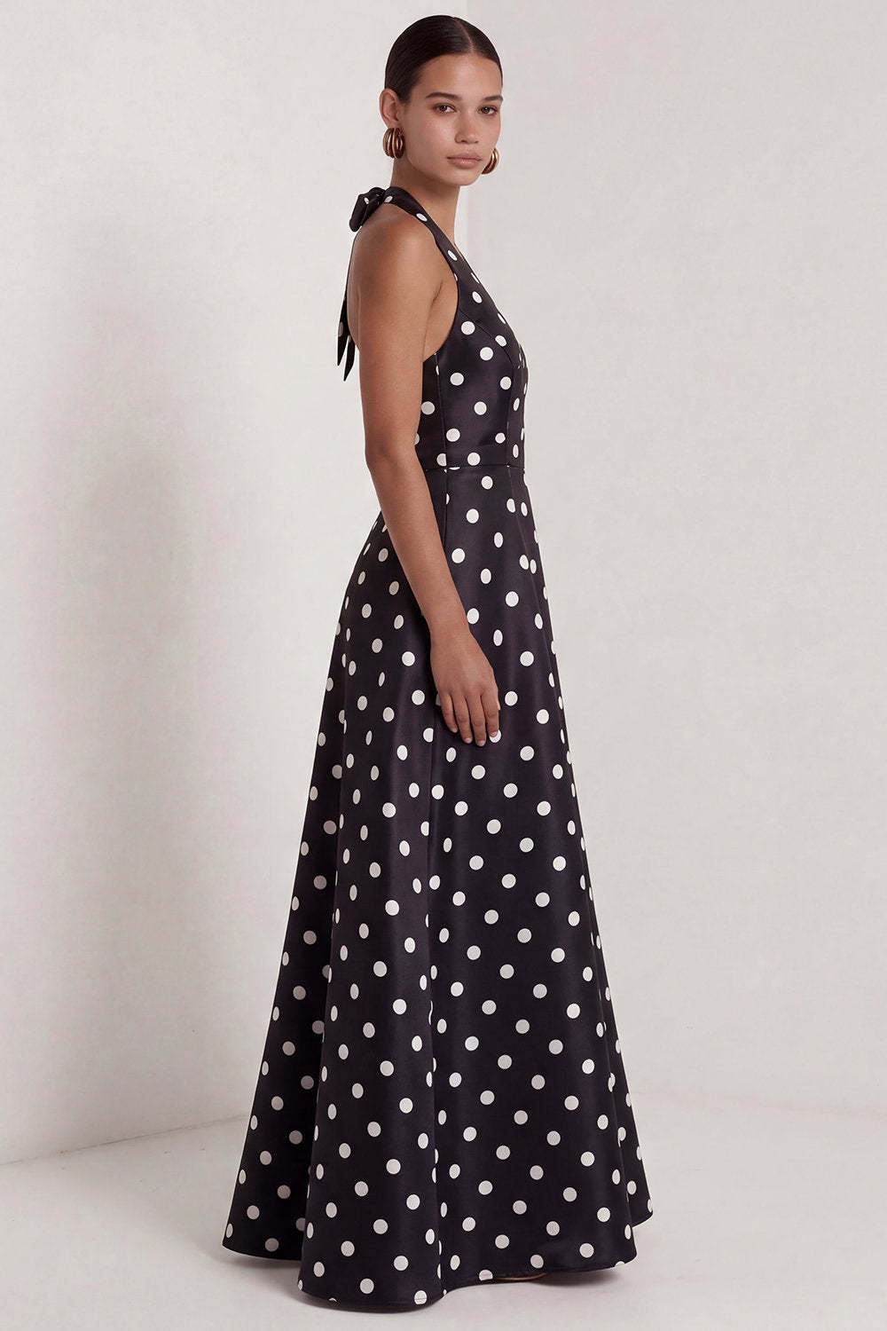 Black White Dots Halter Neck A Line Sleeveless Long Wedding Guest Dress with Slit