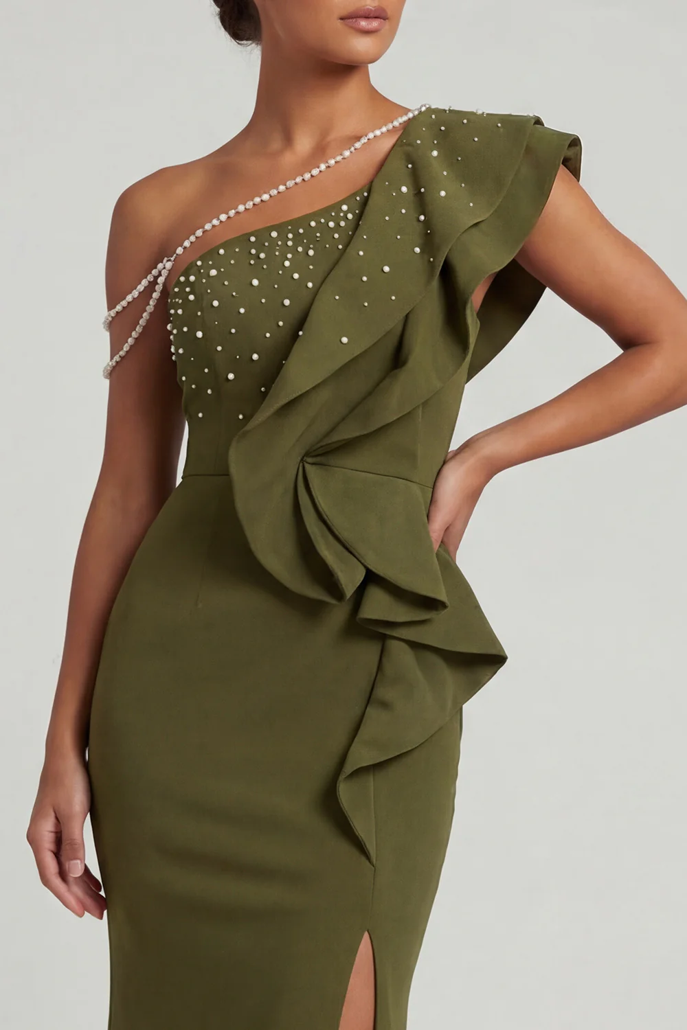 Mermaid Beaded Olive Long Mother of the Bride Dress with Ruffles