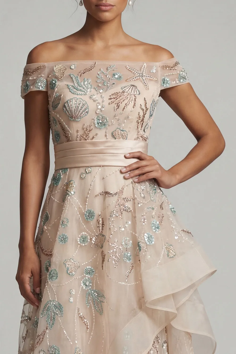 Sparkly Blush A Line Ruffled Floral Maxi Dress