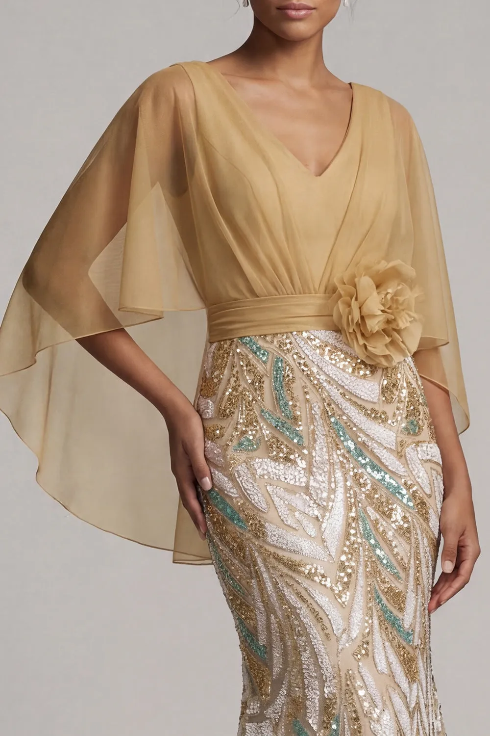 Sparkly Champagne Mermaid Sequins Floral with Cape Maxi Dress