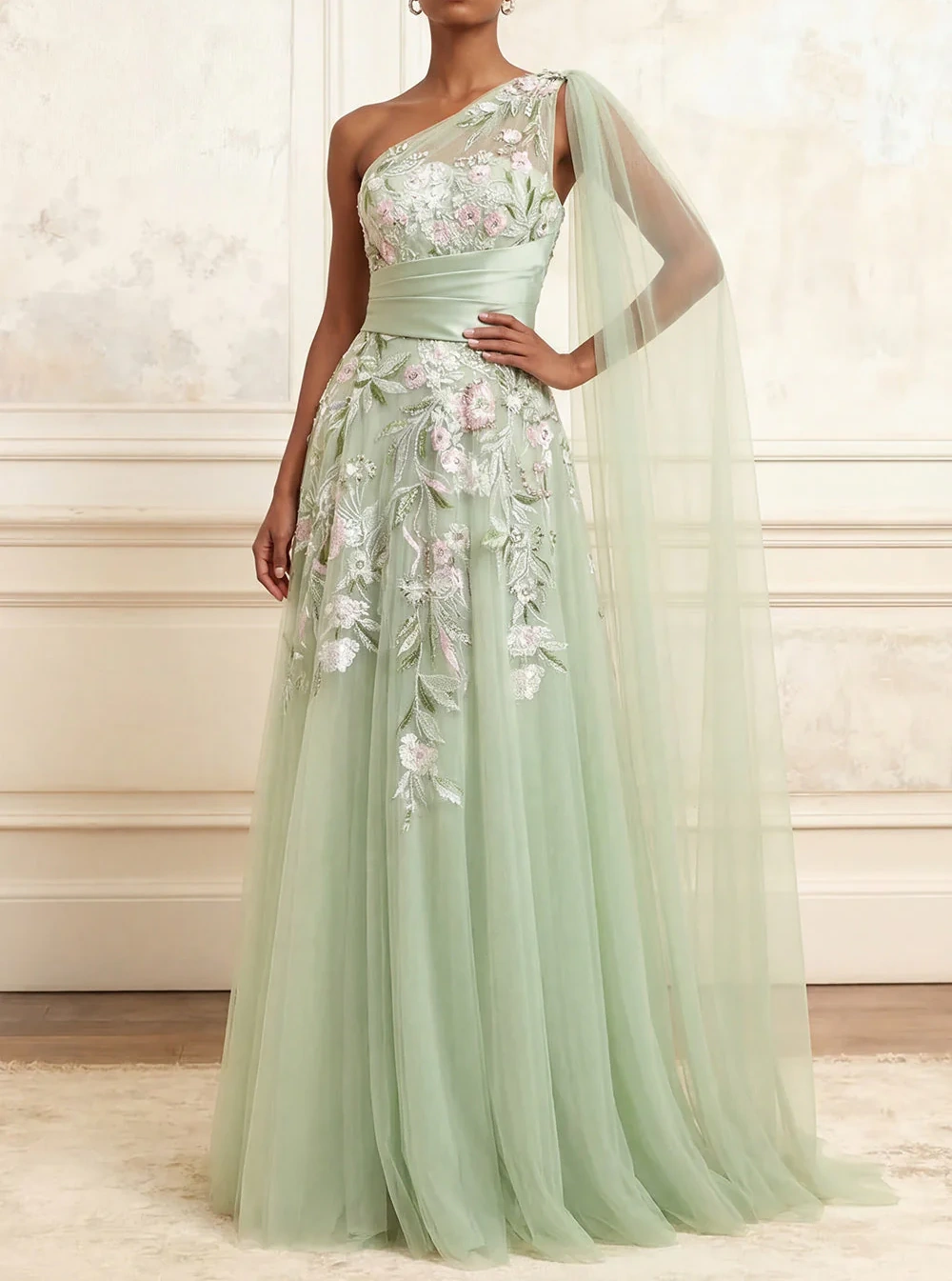 Floral Dusty Sage Ruched A Line Long Formal Dress with Side Cape