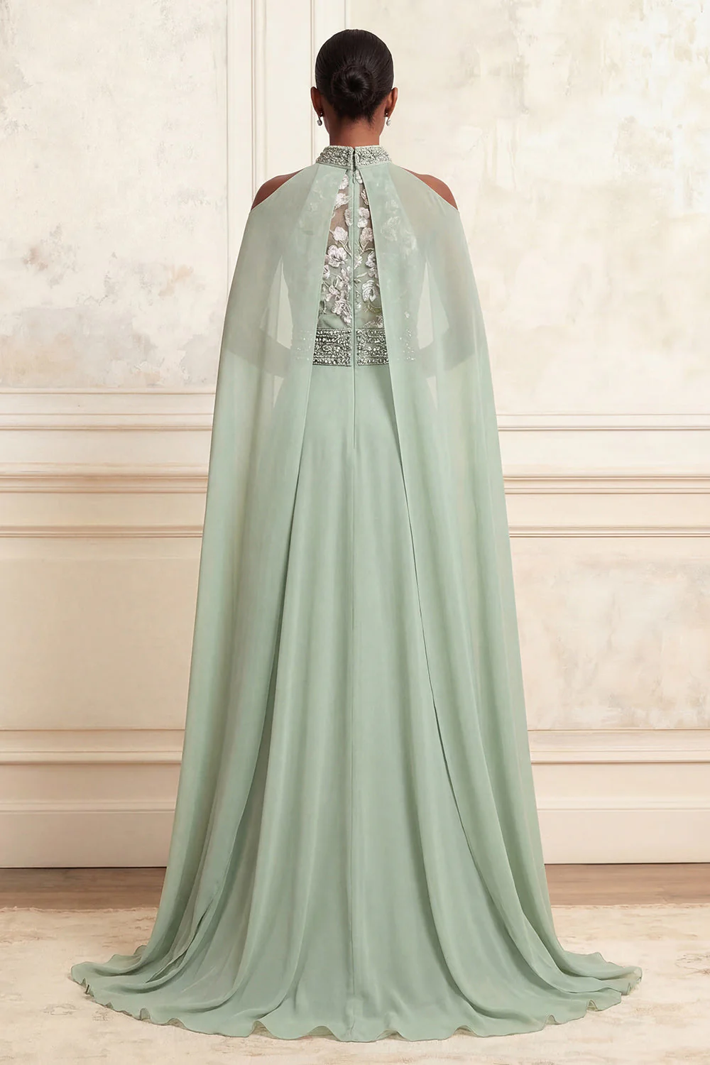 Floral Dusty Sage High Neck Beaded Long A Line Formal Dress with Cape