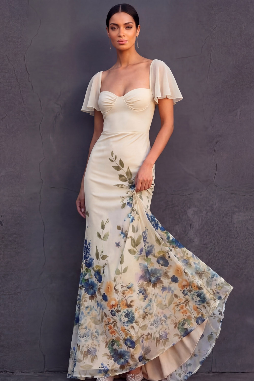 Champagne Floral Wedding Guest Dress Mermaid Flutter Sleeve Maxi Dress