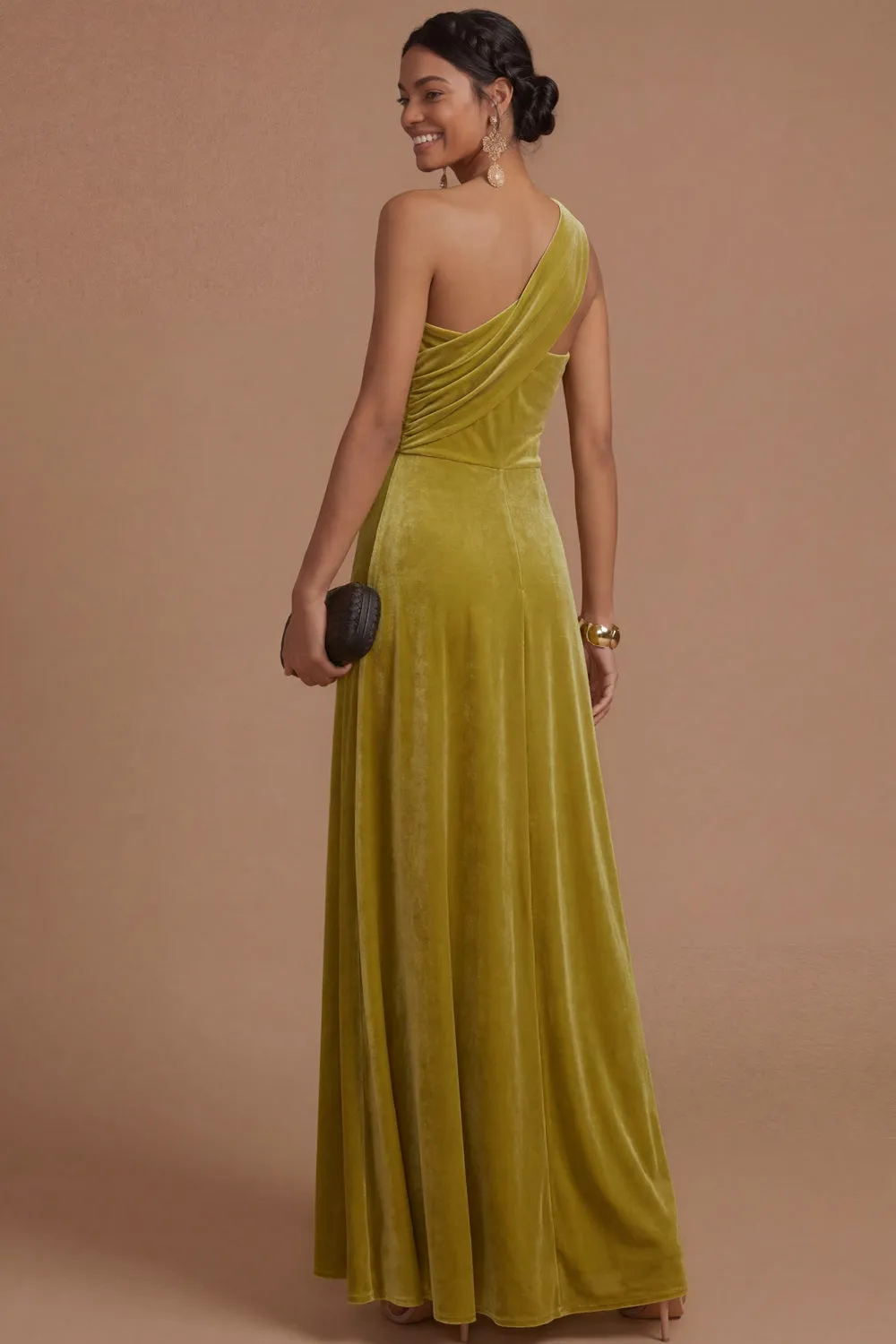 Dark Yellow Sheath One Shoulder Ruched Long Formal Dress