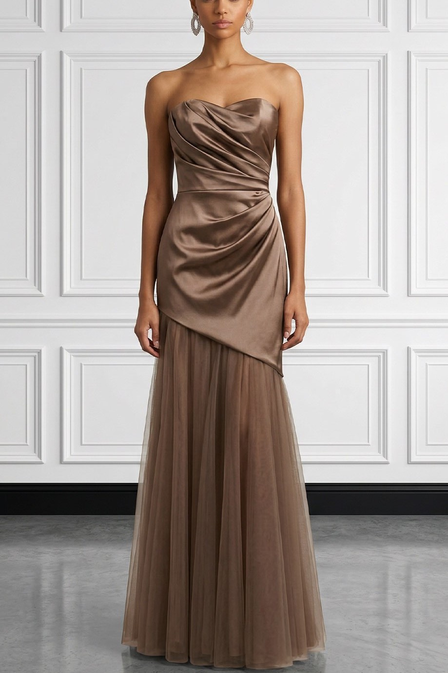 Coffee Formal Evening Dress Strapless Ruched Satin Maxi Dress