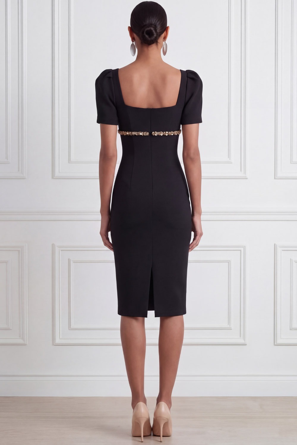 Black Formal Cocktail Dress​​ Bodycon Short Sleeve Midi Dress