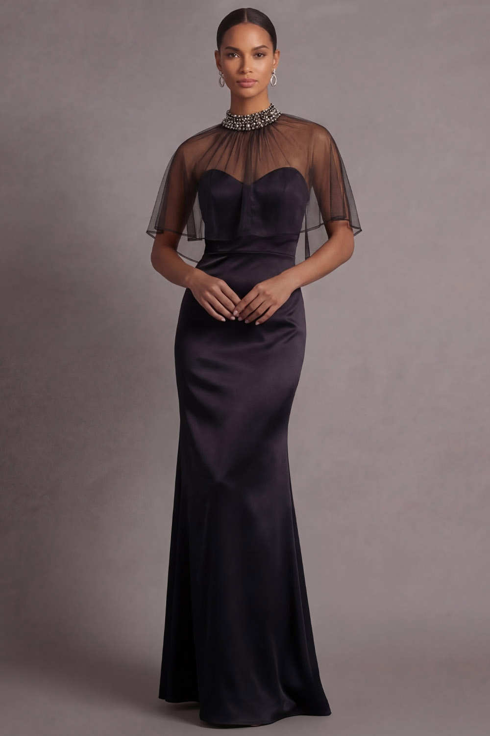 Black Formal Evening Dress Mermaid Sweetheart Maxi Dress with Cape