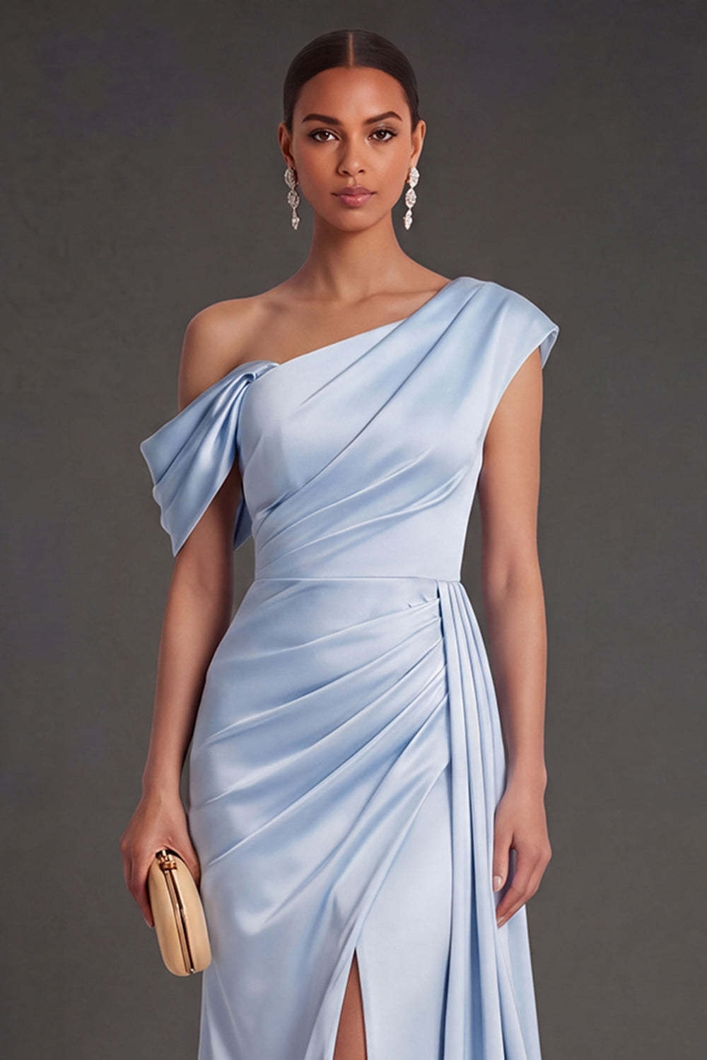 Sky Blue Mermaid Ruched Long Formal Dress with Slit
