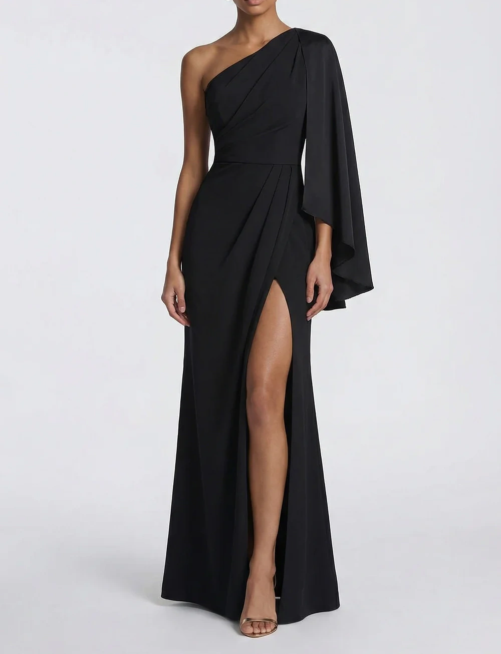 One Shoulder Black Mermaid Formal Dress with Cape Sleeve